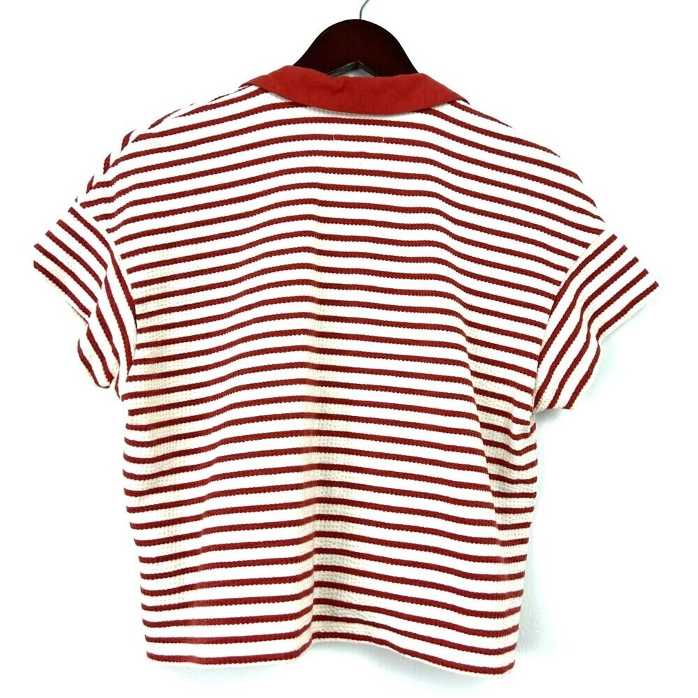 Madewell Women Burnt Red White Striped Texture Rib Cropped Polo Tee Sz S 1254H4 - Picture 5 of 12
